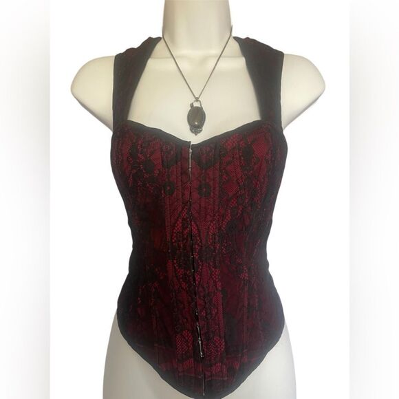 Lip Service Black and Red Lace Corset Tank Hook and Eye closure Lace Up Back - Picture 1 of 9